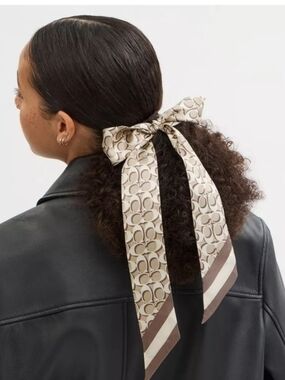 Coach Signature 'C' Pattern Silk Scarf in Taupe and Cream